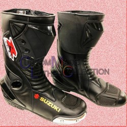 Suzuki GSXR Racing Cowhide Leather Boot New Full Black Stylish Motorcycle Shoe