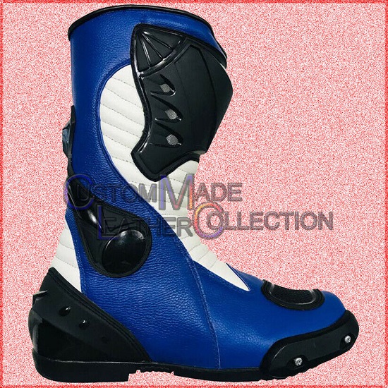 Blue/White Motorbike Leather Racing Shoes / Biker Racing Boot