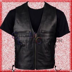 Men Black Classic Side Lace Leather Vest/Men Biker Leather Vest