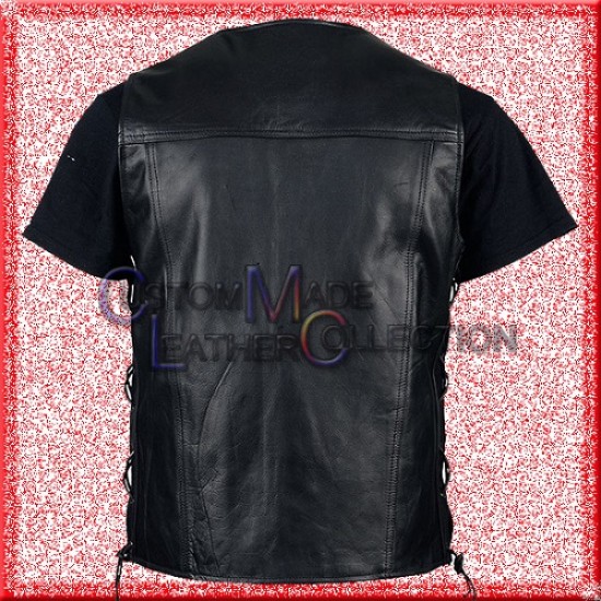 Men's Black Classic Side Lace Leather Vest/Men's Biker Leather Vest