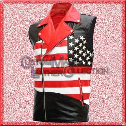 USA Flag Leather Motorcycle Vest/Men Biker Leather Vest