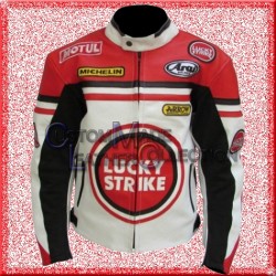 Lucky Strike White/Red Biker Leather Jacket | Motorcycle Leather Jacket