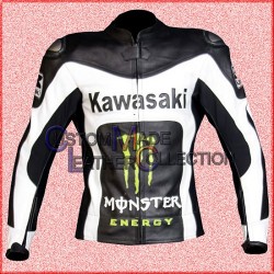 Kawasaki Monster Energy Black/White Racing Leather Jacket/Biker Leather Jacket