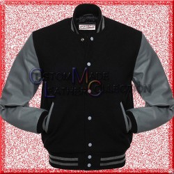 Men’s Black Leather and Wool Grey Varsity Bomber Jacket