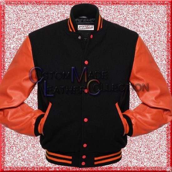 Men’s Orange Leather and Wool Black Varsity Bomber Jacket