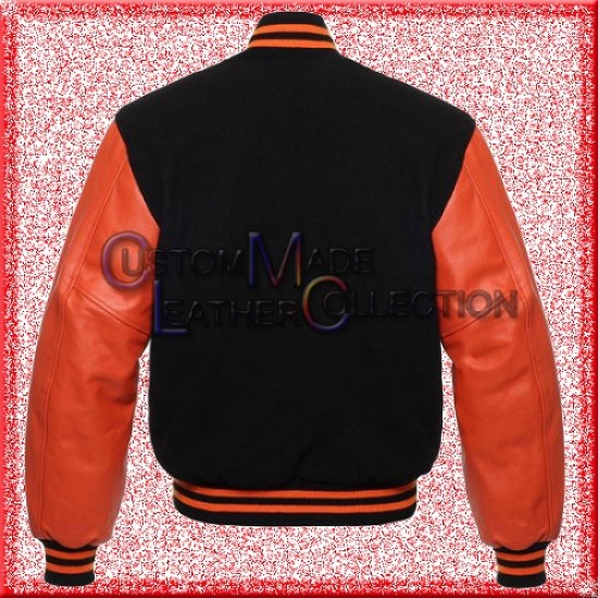 Men’s Orange Leather and Wool Black Varsity Bomber Jacket