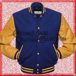 Men’s Yellow Leather and Wool Blue Varsity Bomber Jacket