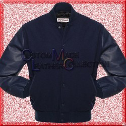 Men’s Blue Leather and Wool Blue Varsity Bomber Jacket
