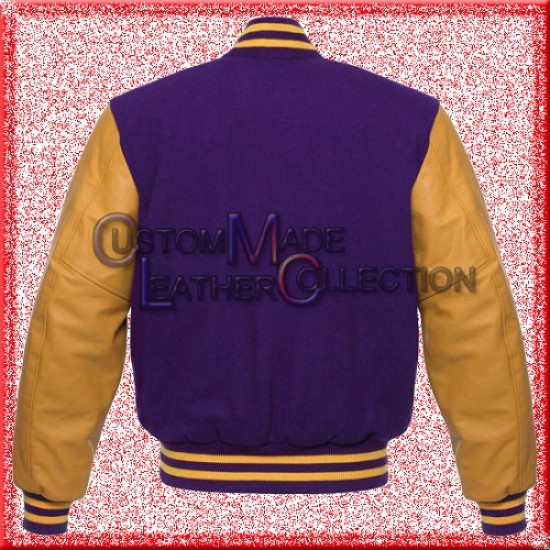 Men’s Yellow Leather and Wool Purple Varsity Bomber Jacket