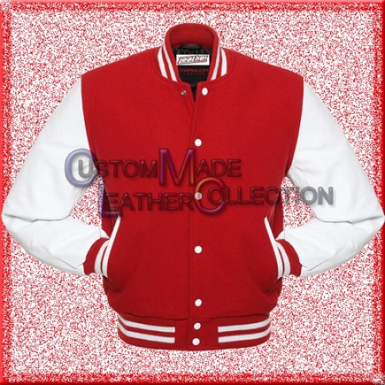 Men’s White Leather and Wool Red Varsity Bomber Jacket