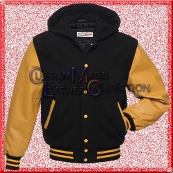 Men’s Yellow Leather and Wool Black Varsity Bomber Jacket