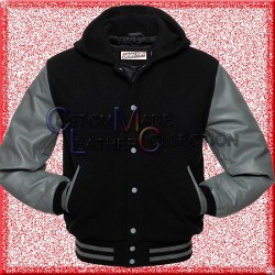Men’s Grey Leather and Wool Black Varsity Bomber Jacket