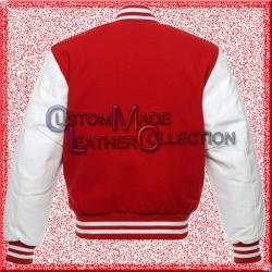 Men’s White Leather and Wool Red Varsity Bomber Jacket