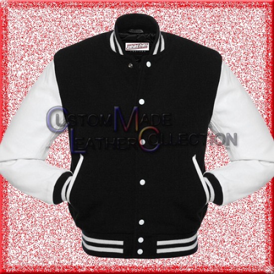 Men’s White Leather and Wool Black Varsity Bomber Jacket
