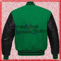 Men’s Black Leather and Wool Green Varsity Bomber Jacket