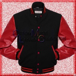 Men’s Red Leather and Wool Black Varsity Bomber Jacket