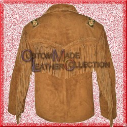 Men's Traditional Cowboy Western Leather Jacket Coat with Fringe Native American Jacket 