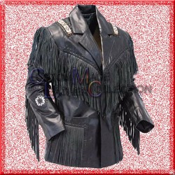 Men's Western Cowhide Cowboy Leather Jacket Fringe And Beaded & Botton Close Native American Coat Style
