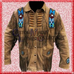 Mens Native American Western Wear Brown Suede Leather Jacket With Fringes 