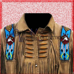 Mens Native American Western Wear Brown Suede Leather Jacket With Fringes 