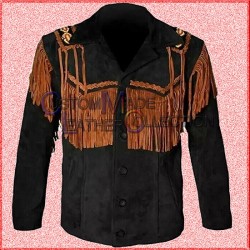 Black Western Cowboy Men's Brown Fringed Suede Leather Jacket