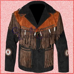 Black Western Cowboy Men's Brown Fringed Suede Leather Jacket
