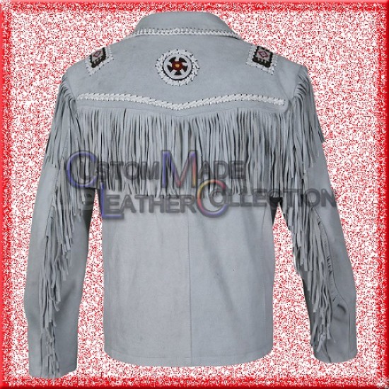 Men Western Cowboy Beads Fringe White Suede Leather Jacket