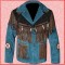 Men Western Cowboy Beads Fringe Blue Brown Suede Leather Jacket