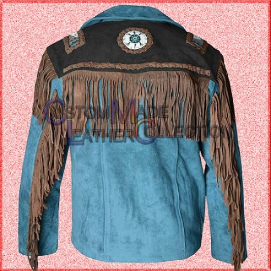 Men Western Cowboy Beads Fringe Blue Brown Suede Leather Jacket