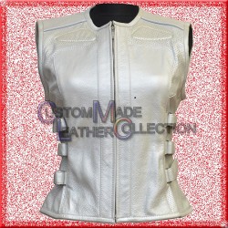Women Leather Motorcycle Vest/Women Biker White Leather Vest
